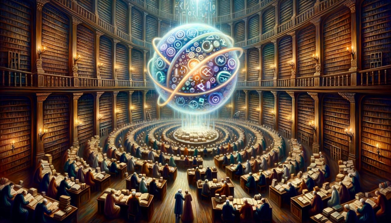 "A library with books and scrolls." The image was generated using OpenAI's DALL-E 3.