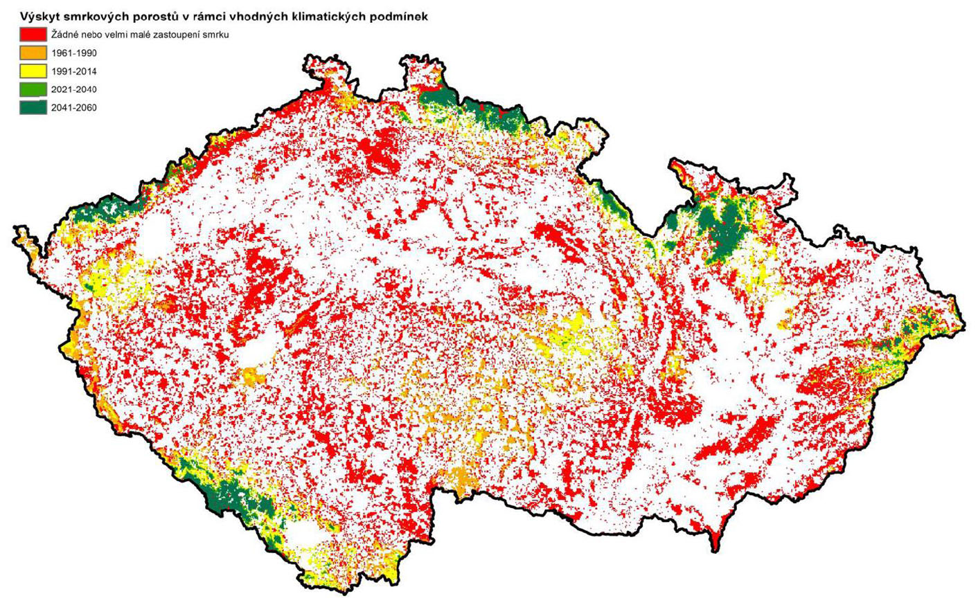 Výskyt smrkových porostů v podmínkách klasifikovaných jako vhodné na základě normálového období 1961 - 1990